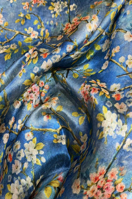 Blue Digital Printed Tussar Silk Fabric ( 1 Mtr ) - Luxurion World