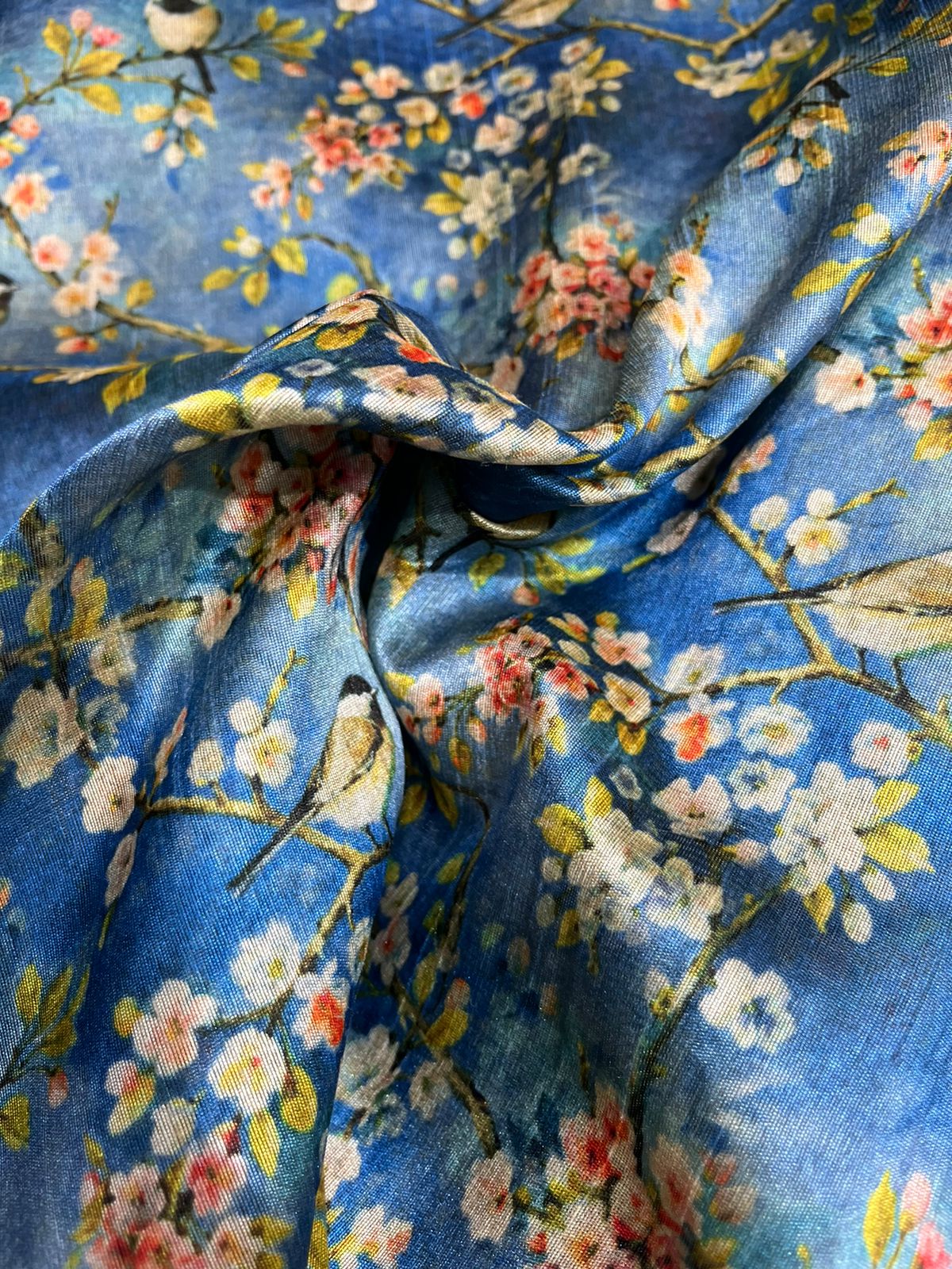 Blue Digital Printed Tussar Silk Fabric ( 1 Mtr )