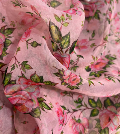 Pink Digital Printed Organza Silk Floral Design Fabric ( 1 Mtr )