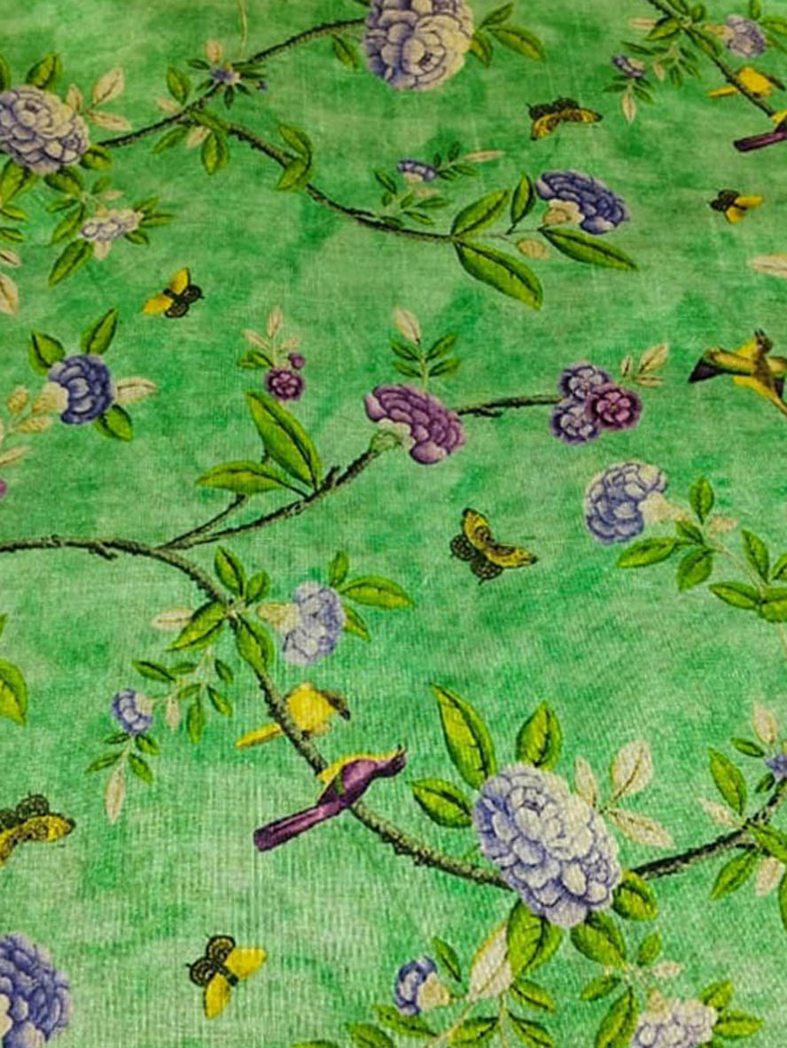 Green Digital Printed Tussar Silk Fabric ( 1 Mtr )
