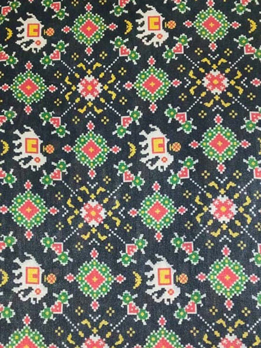 Black Digital Printed Tussar Silk Fabric ( 1 Mtr ) - Luxurion World