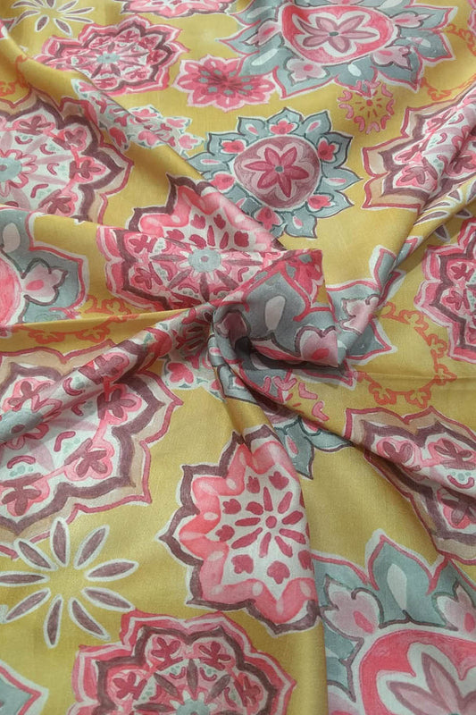 Yellow Digital Printed Satin Dupion Fabric ( 1 Mtr ) - Luxurion World