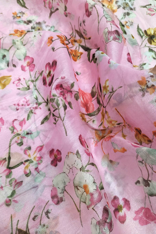 Stunning Pink Organza Fabric with Digital Print - 1 Mtr Length