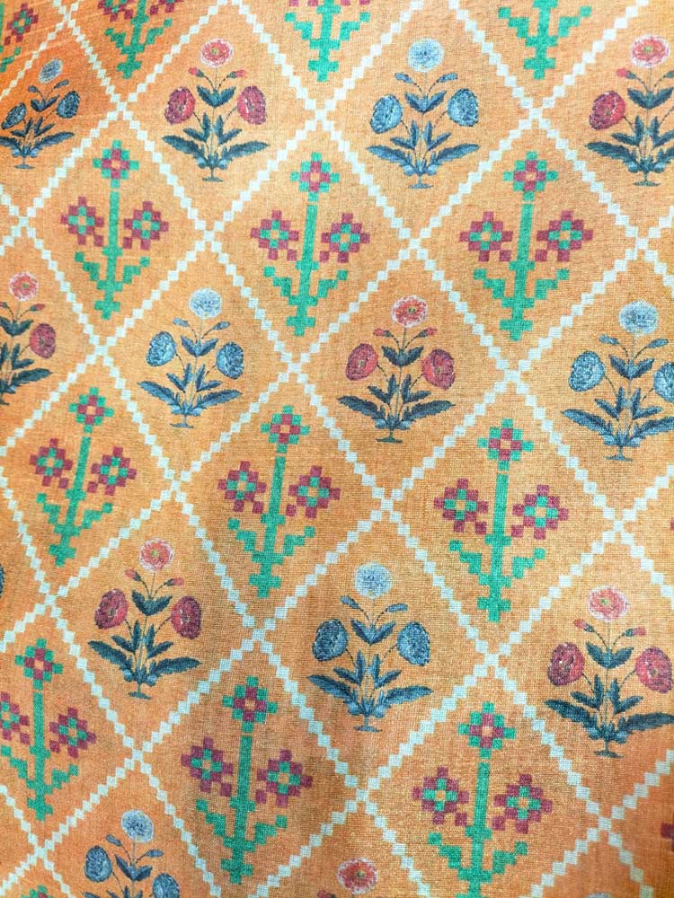 Yellow Digital Printed Tussar Silk Patola Design Fabric ( 1 Mtr )