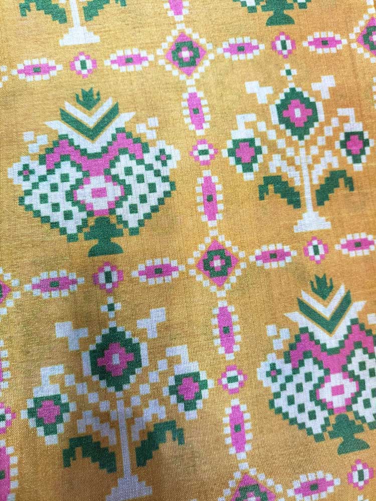 Yellow Digital Printed Tussar Silk Patola Design Fabric ( 1 Mtr ) - Luxurion World