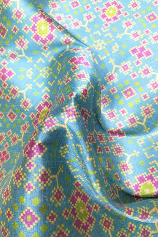 Blue Digital Printed Patola Design Tussar Silk Fabric ( 1 Mtr )