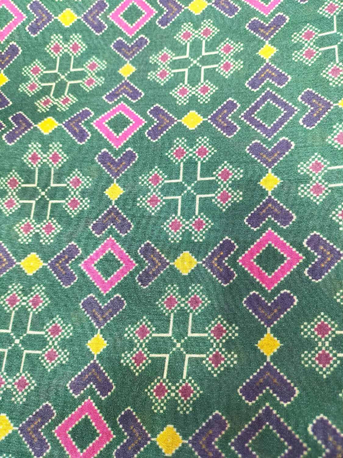 Green Digital Printed Patola Design Tussar Silk Fabric ( 1 Mtr ) - Luxurion World