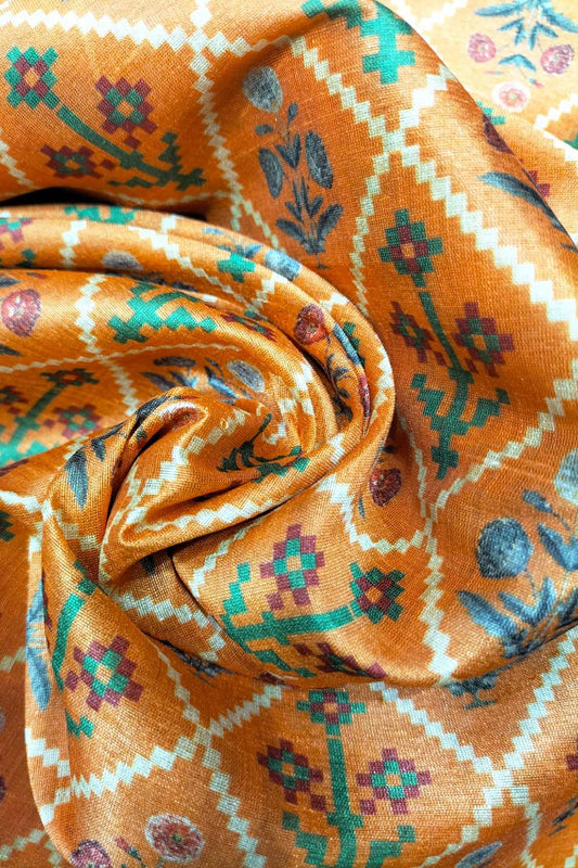 Orange Digital Printed Patola Design Tussar Silk Fabric ( 1 Mtr )