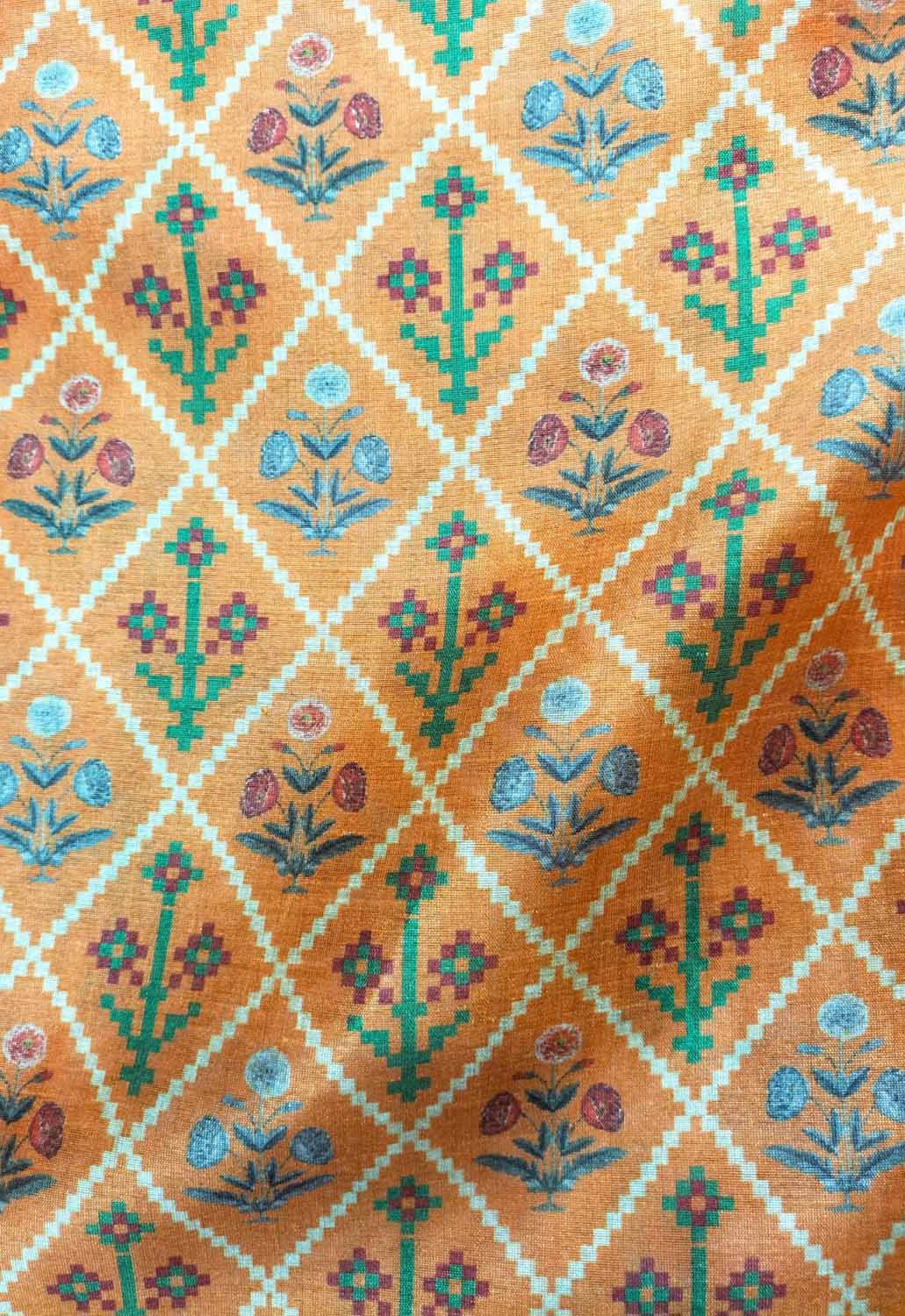 Orange Digital Printed Patola Design Tussar Silk Fabric ( 1 Mtr ) - Luxurion World
