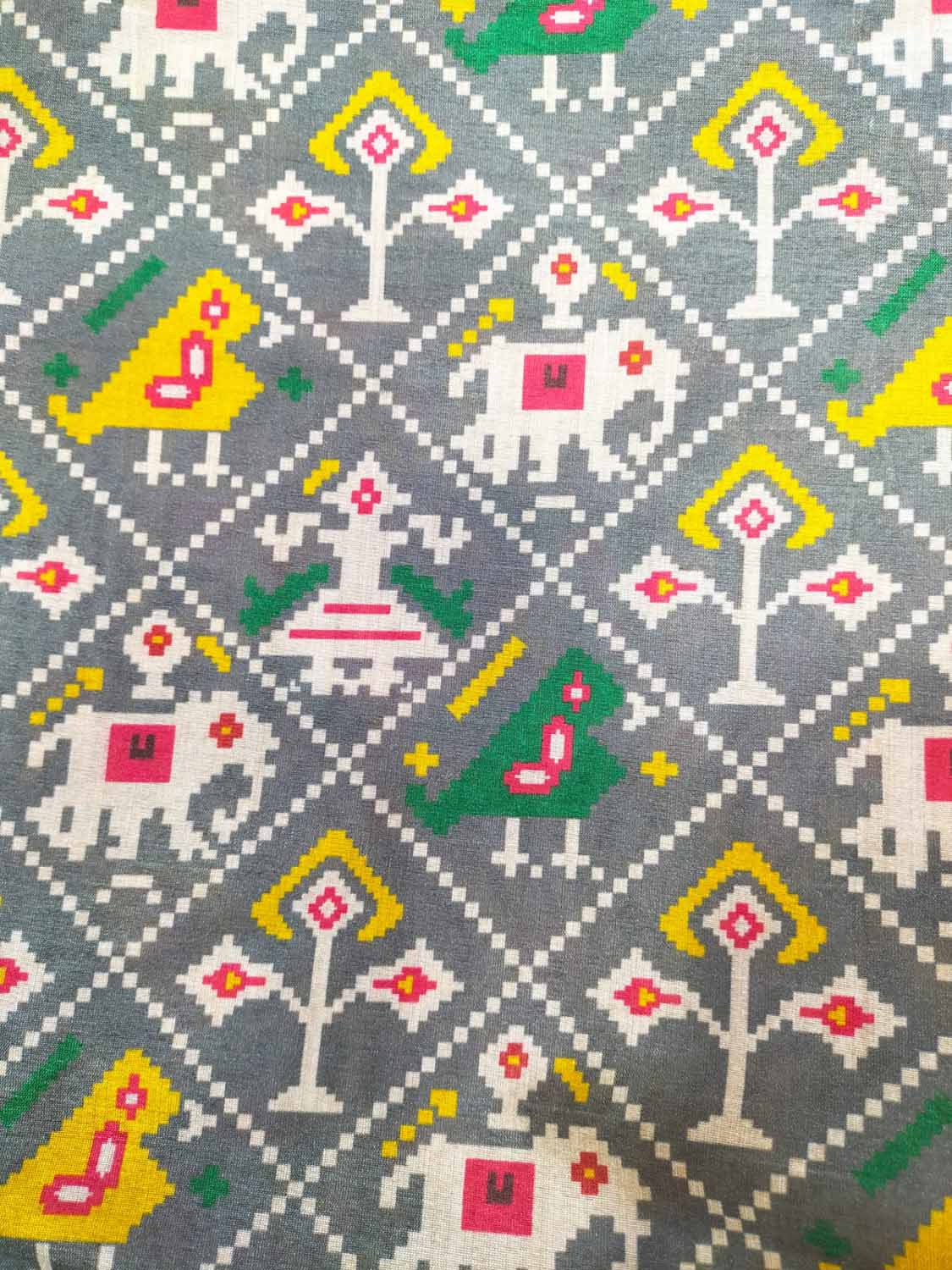 Grey Digital Printed Patola Design Tussar Silk Fabric ( 1 Mtr )