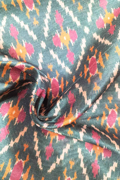 Green Digital Printed Tussar Silk Fabric ( 1 Mtr ) - Luxurion World
