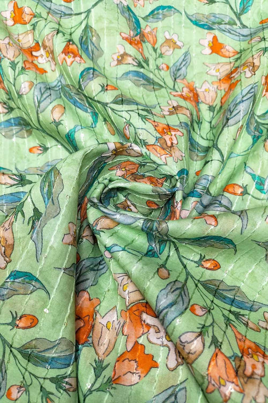 Green Digital Printed Cotton Sequins Work Fabric ( 1 Mtr )