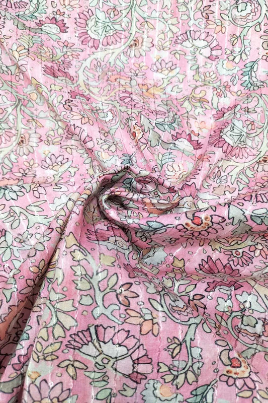 Pink Digital Printed Cotton Sequins Work Fabric ( 1 Mtr )