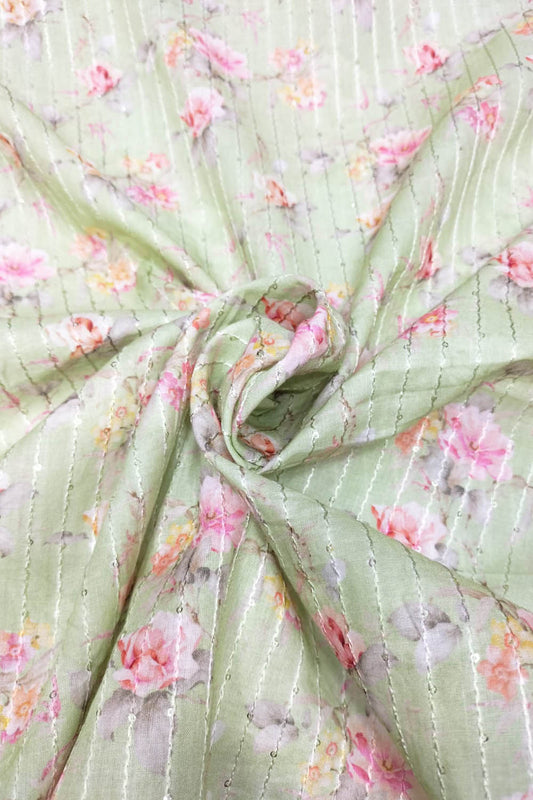 Green Digital Printed Cotton Sequins Work Fabric ( 1 Mtr ) - Luxurion World