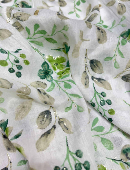 Shop Premium Off White & Green Digital Mul Mul Cotton Fabric - 1 Mtr: High-Quality Material - Luxurion World