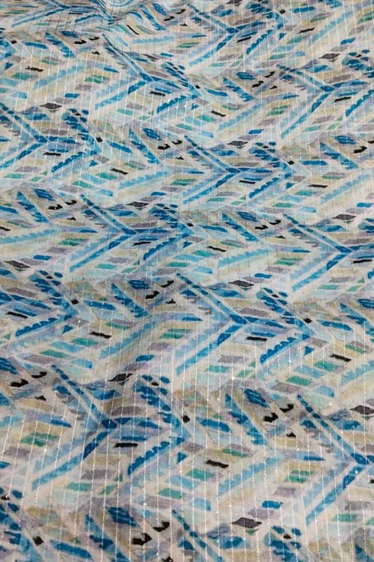 Blue Digital Printed Cotton Sequins Work Fabric ( 1  Mtr ) - Luxurion World