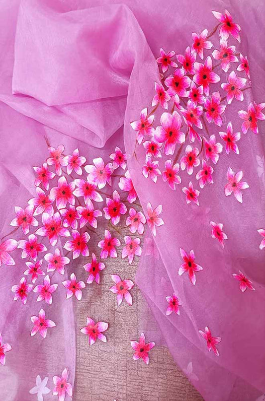 Pink Hand Painted Pure Organza Silk Blouse Fabric (1 Mtr) - Luxurion World