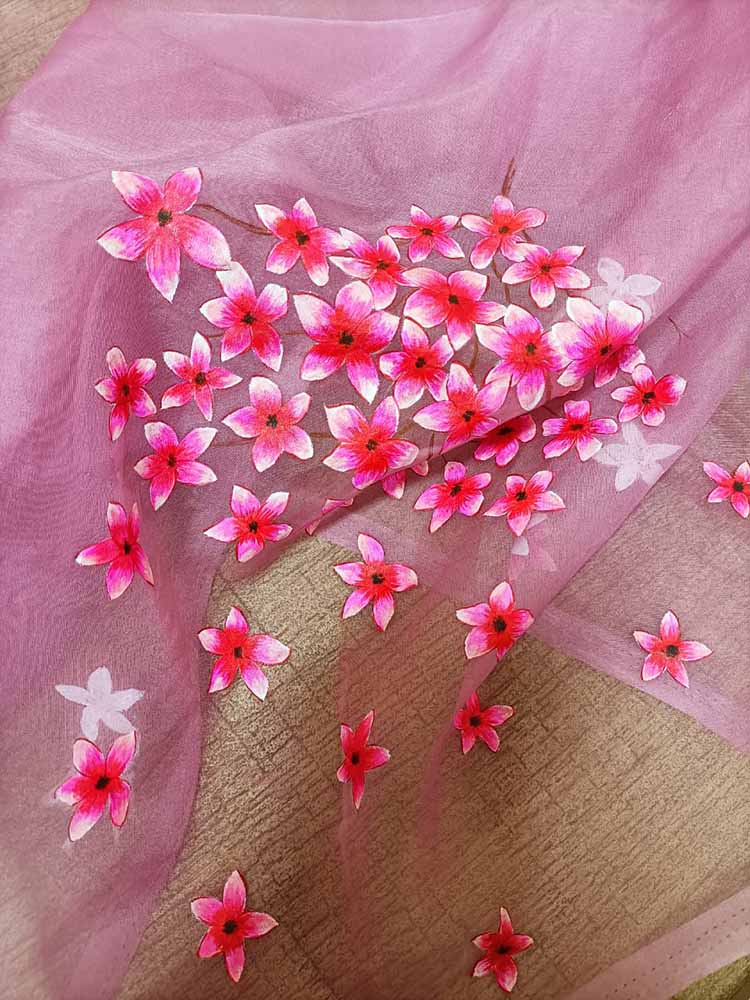 Pink Hand Painted Pure Organza Silk Blouse Fabric (1 Mtr) - Luxurion World