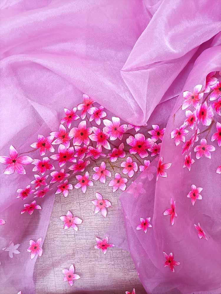 Pink Hand Painted Pure Organza Silk Blouse Fabric (1 Mtr) - Luxurion World