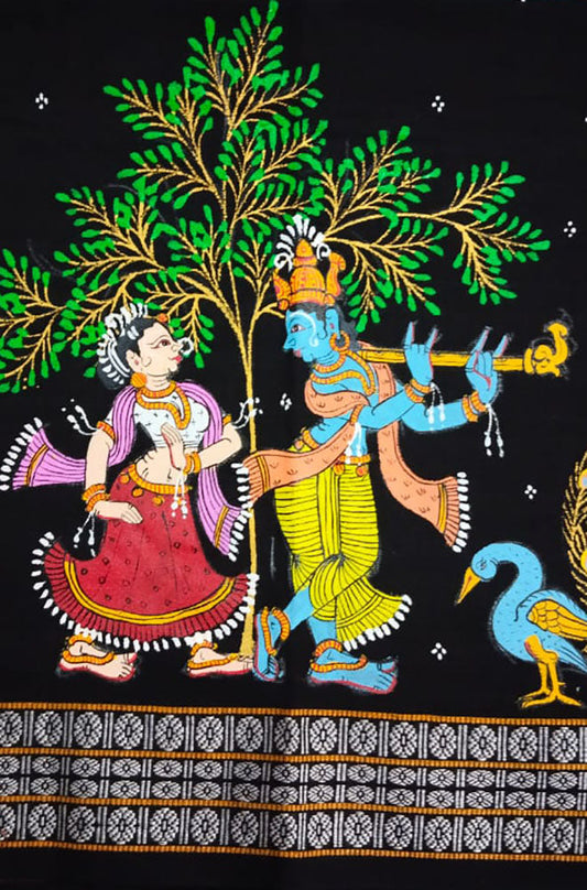 Black Hand Painted Pattachitra Pure Cotton Blouse Piece Fabric ( 1 Mtr ) - Luxurion World