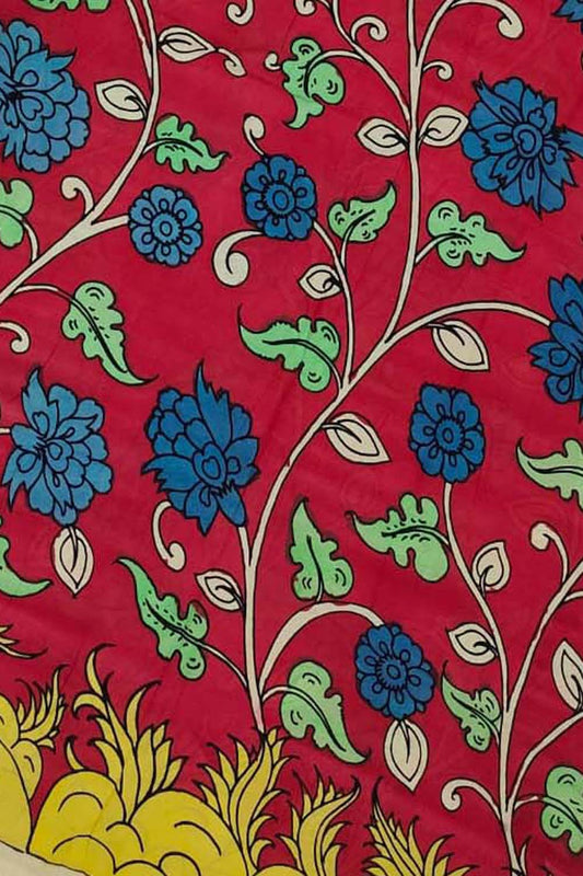 Red Kalamkari Hand Painted Bangalore Silk Fabric