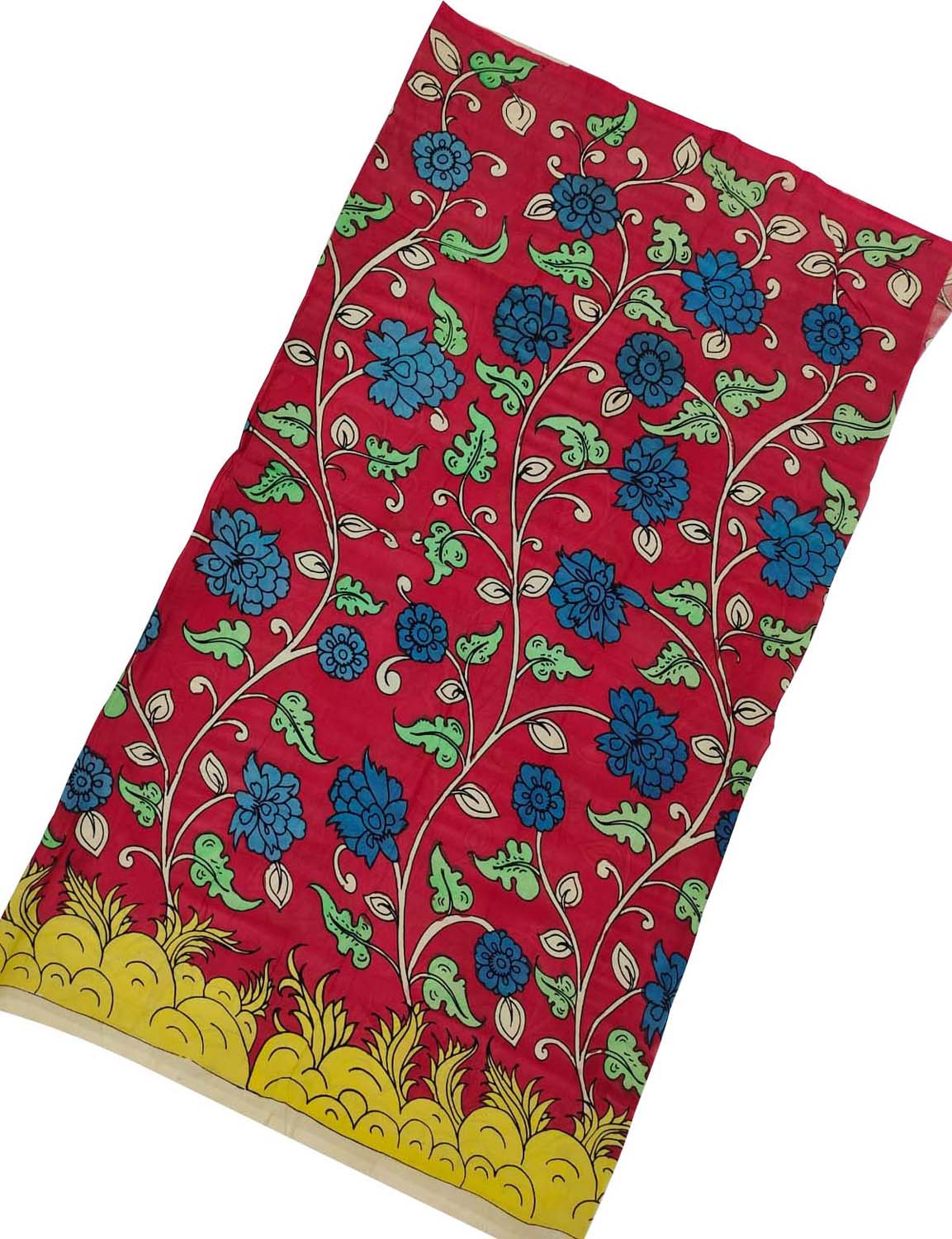Red Kalamkari Hand Painted Bangalore Silk Fabric - Luxurion World