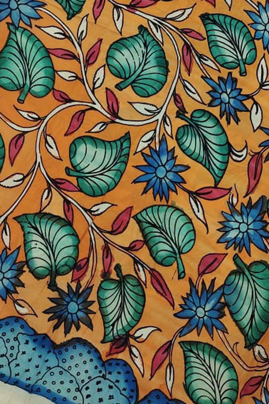 Orange Kalamkari Hand Painted Bangalore Silk Fabric