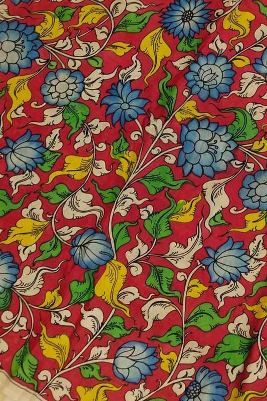 Red Kalamkari Hand Painted Bangalore Silk Fabric - Luxurion World
