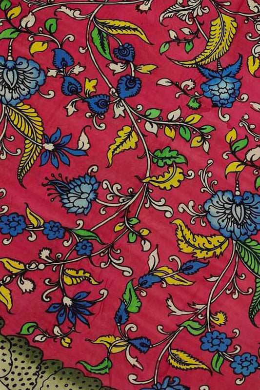 Pink Kalamkari Hand Painted Bangalore Silk Fabric - Luxurion World