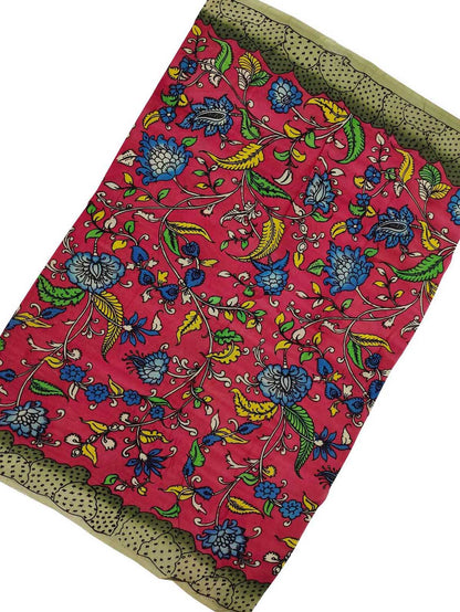 Pink Kalamkari Hand Painted Bangalore Silk Fabric - Luxurion World