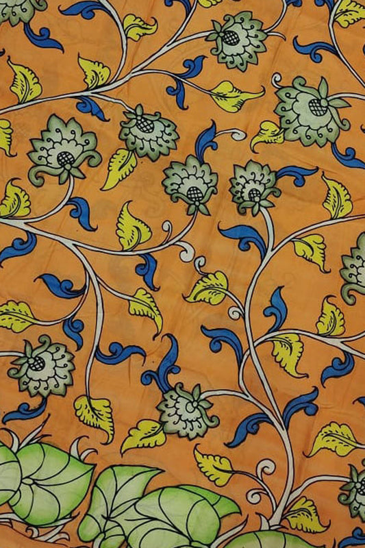 Orange Kalamkari Hand Painted Bangalore Silk Fabric - Luxurion World