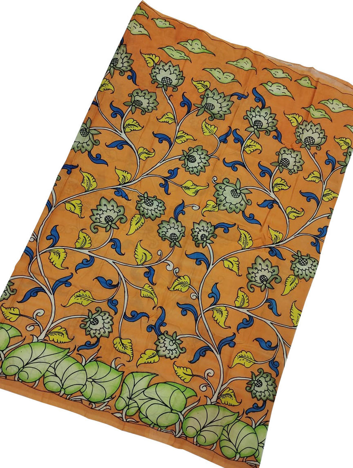 Orange Kalamkari Hand Painted Bangalore Silk Fabric - Luxurion World