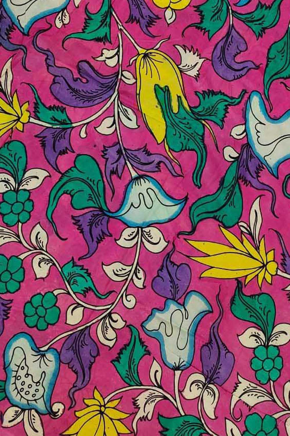 Pink Kalamkari Hand Painted Bangalore Silk Fabric - Luxurion World