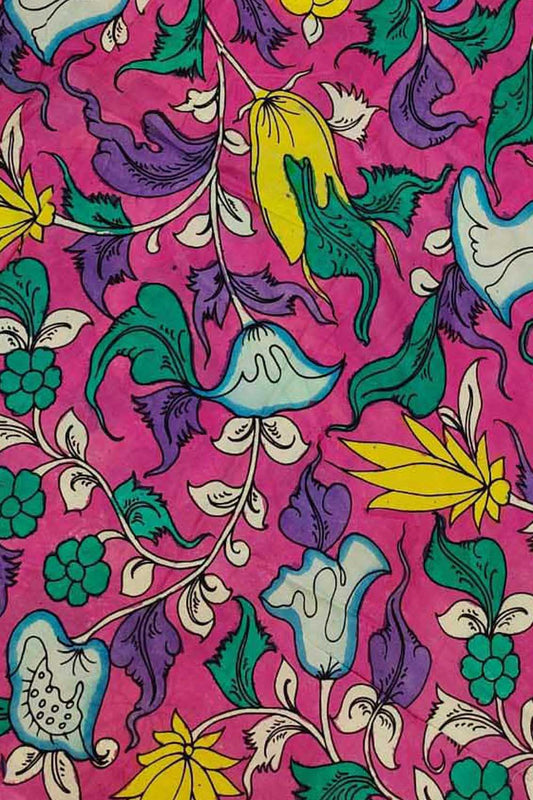 Pink Kalamkari Hand Painted Bangalore Silk Fabric - Luxurion World