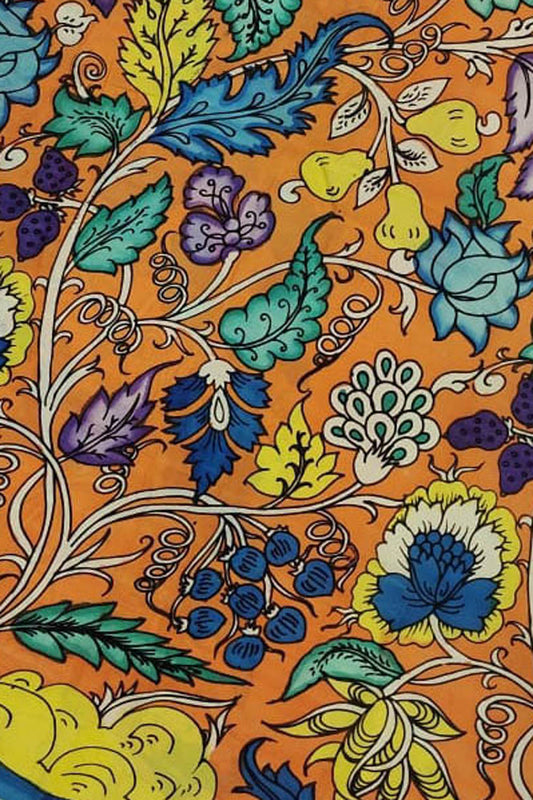 Orange Kalamkari Hand Painted Bangalore Silk Fabric