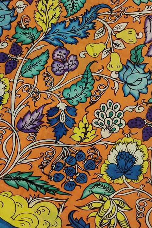 Orange Kalamkari Hand Painted Bangalore Silk Fabric - Luxurion World