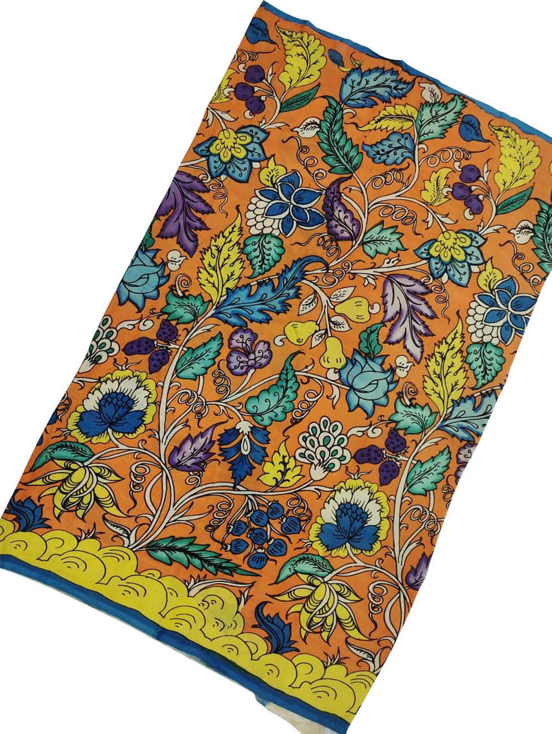 Orange Kalamkari Hand Painted Bangalore Silk Fabric - Luxurion World