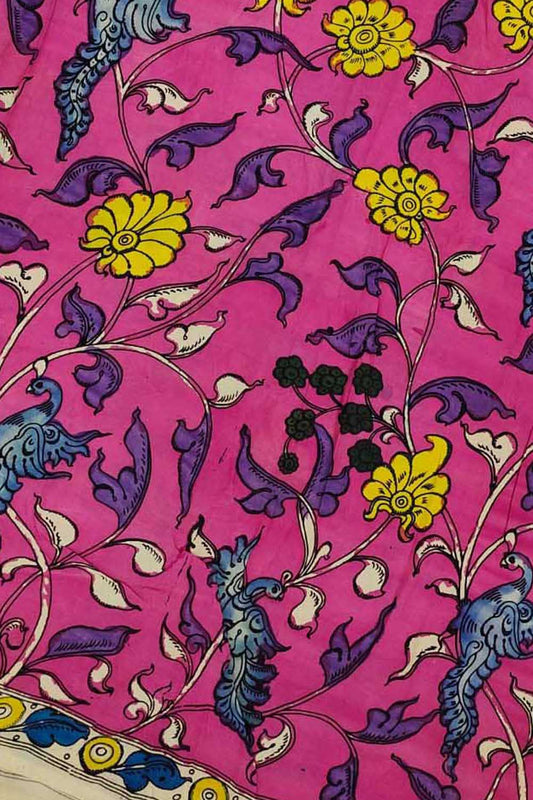 Pink Kalamkari Hand Painted Bangalore Silk Fabric - Luxurion World