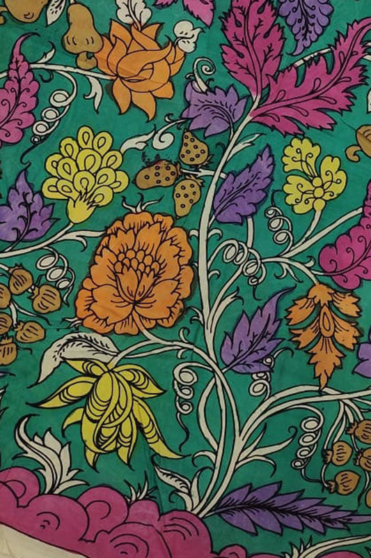 Green Kalamkari Hand Painted Bangalore Silk Fabric - Luxurion World