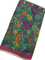 Green Kalamkari Hand Painted Bangalore Silk Fabric - Luxurion World