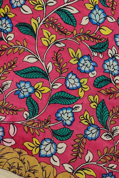 Pink Kalamkari Hand Painted Bangalore Silk Fabric