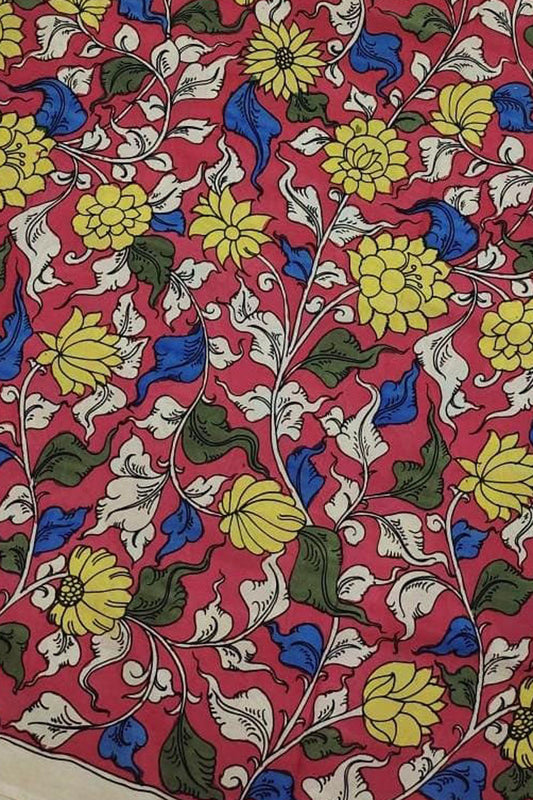 Red Kalamkari Hand Painted Bangalore Silk Fabric - Luxurion World