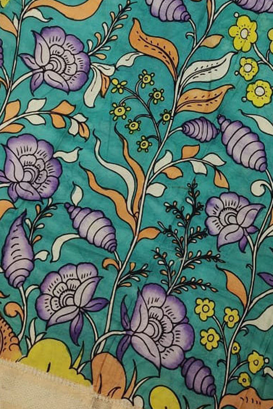 Green Kalamkari Hand Painted Bangalore Silk Fabric - Luxurion World