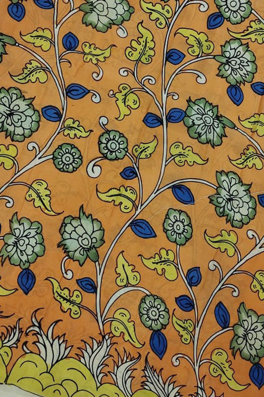 Orange Kalamkari Hand Painted Bangalore Silk Fabric - Luxurion World