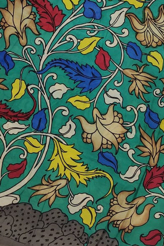 Green Kalamkari Hand Painted Bangalore Silk Fabric - Luxurion World