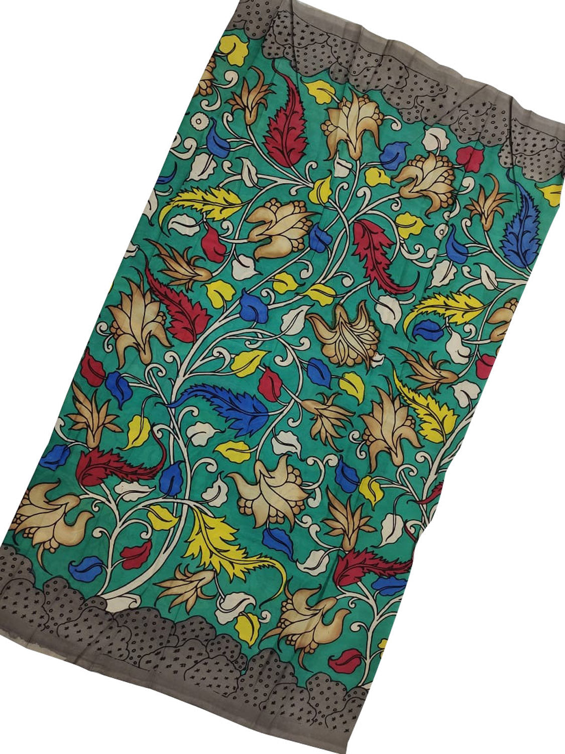 Green Kalamkari Hand Painted Bangalore Silk Fabric - Luxurion World