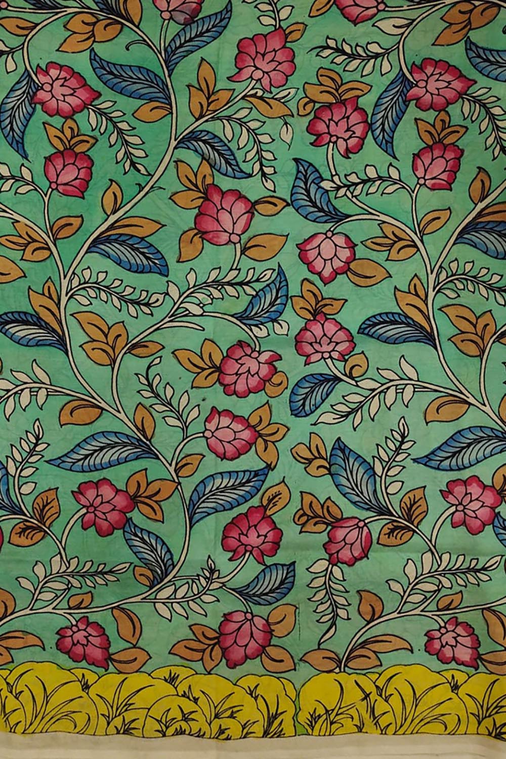 Green Hand-painted Kalamkari Bangalore Silk Fabric - 1 Mtr