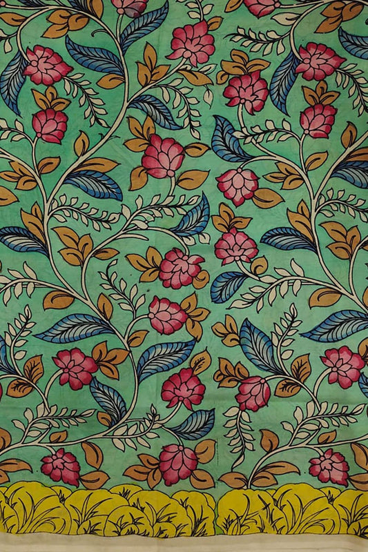 Green Hand-painted Kalamkari Bangalore Silk Fabric - 1 Mtr - Luxurion World