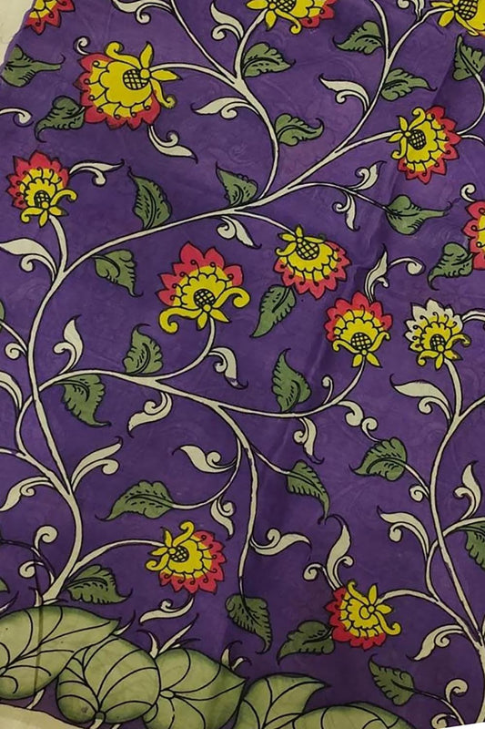 Purple Hand-painted Kalamkari Bangalore Silk Fabric - 1 Mtr - Luxurion World