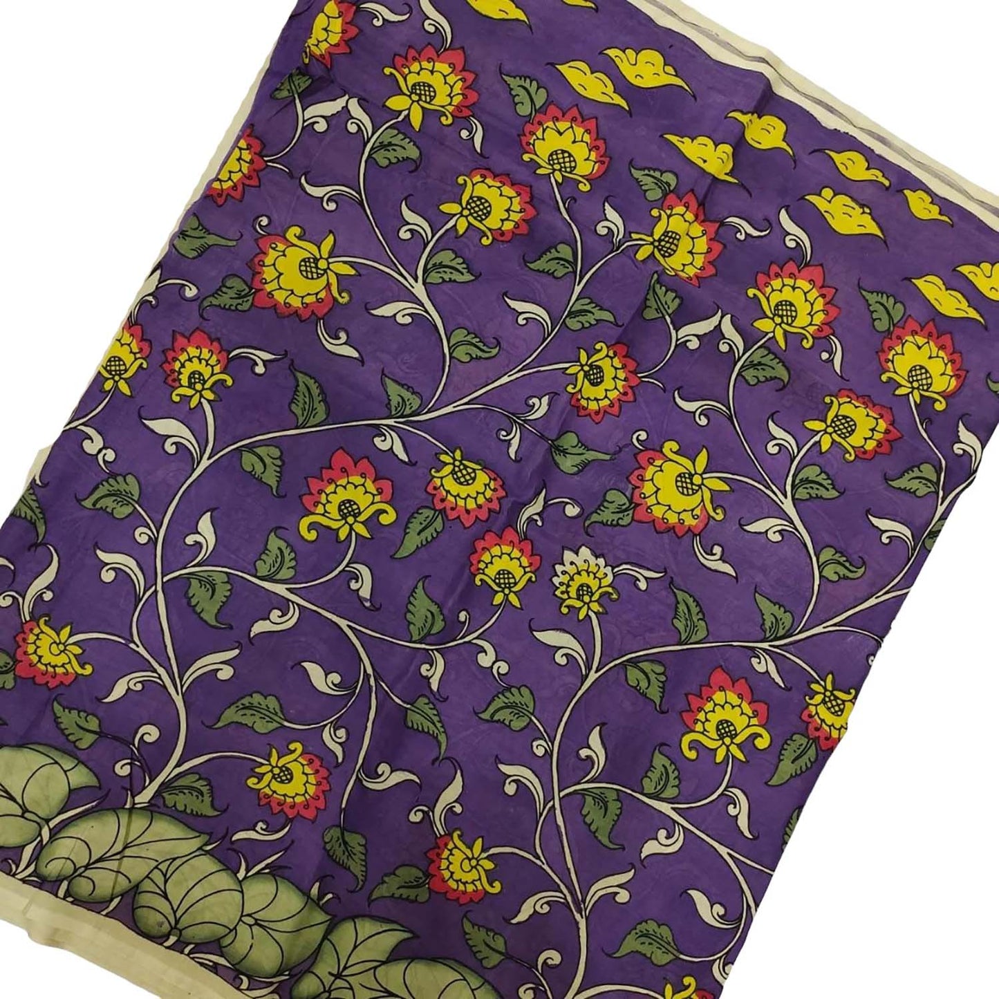 Purple Hand-painted Kalamkari Bangalore Silk Fabric - 1 Mtr